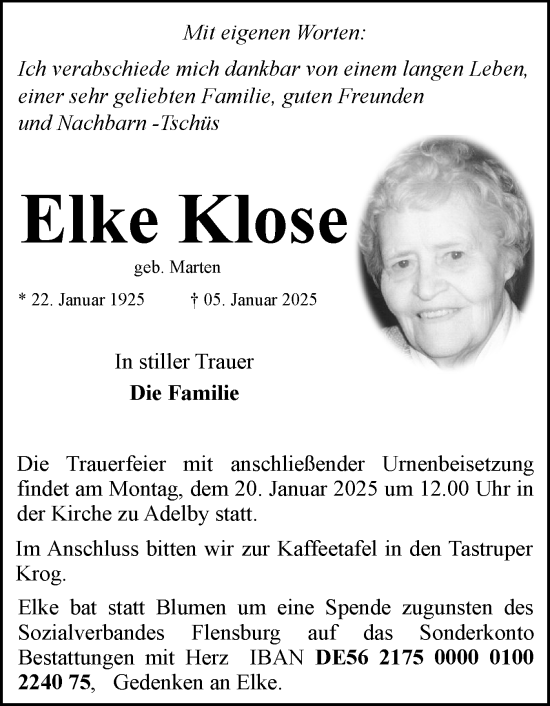 Traueranzeige von Elke Klose von Flensburger Tageblatt