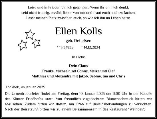 Traueranzeige von Ellen Kolls von Schleswig-Holsteinische Landeszeitung