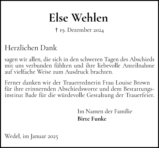 Traueranzeige von Else Wehlen von Wedel-Schulauer Tageblatt, tip Wedel-Schulauer Tageblatt, tip Rissener Rundschau