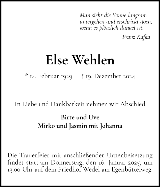 Traueranzeige von Else Wehlen von Wedel-Schulauer Tageblatt, tip Wedel-Schulauer Tageblatt, tip Rissener Rundschau