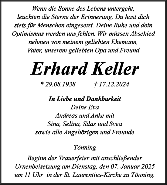 Traueranzeige von Erhard Keller von Husumer Nachrichten, Nordfriesland Tageblatt