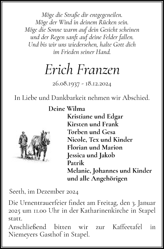 Traueranzeige von Erich Franzen von Husumer Nachrichten, Nordfriesland Tageblatt