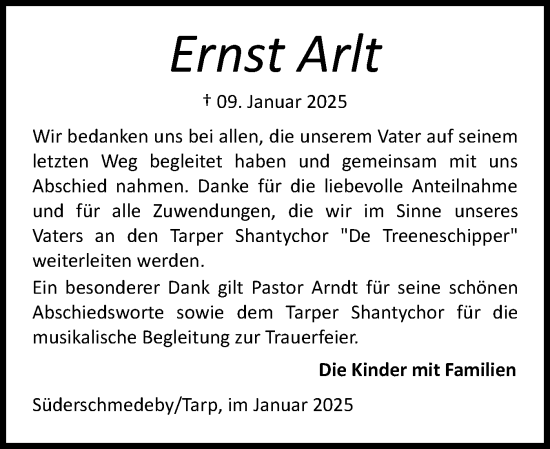 Traueranzeige von Ernst Arlt von Flensburger Tageblatt