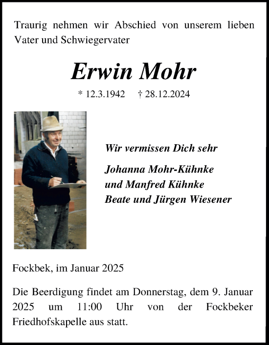 Traueranzeige von Erwin Mohr von Schleswig-Holsteinische Landeszeitung