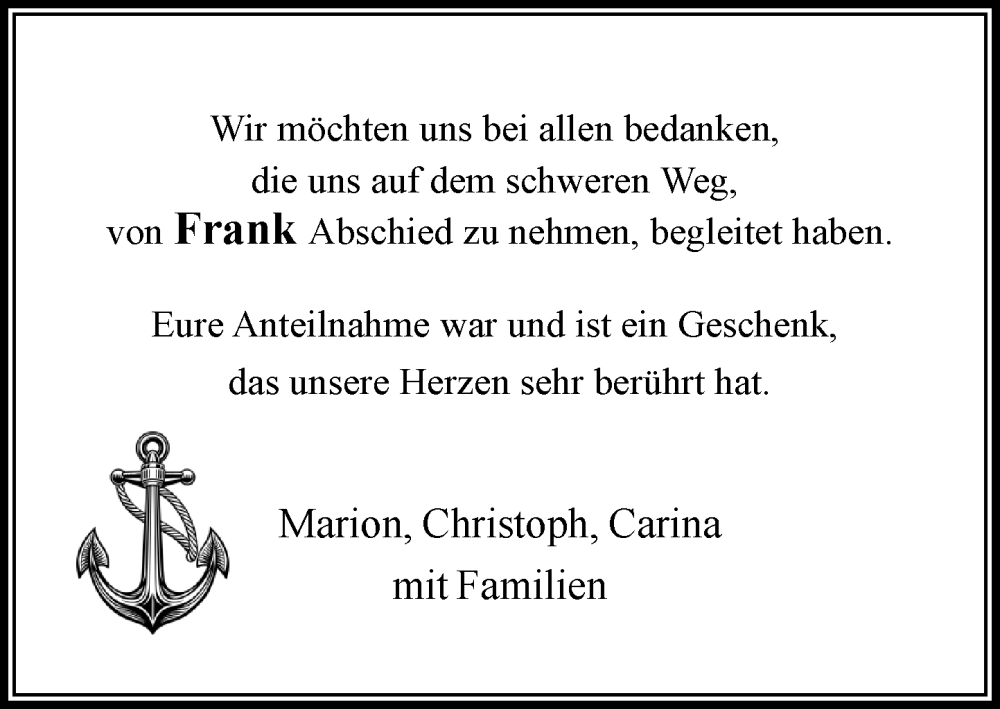  Traueranzeige für Frank  vom 25.01.2025 aus MARKT Bad Oldesloe/Reinfeld und Stormarner Tageblatt