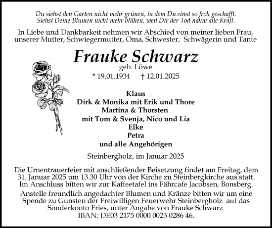 Traueranzeige von Frauke Schwarz von Flensburger Tageblatt