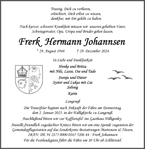 Traueranzeige von Frerk Hermann Johansen von Region Westküste