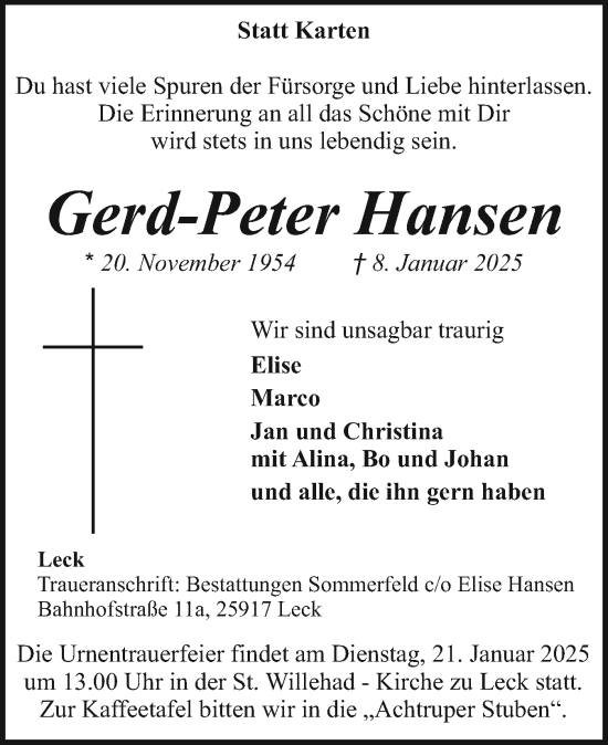 Traueranzeige von Gerd-Peter Hansen von Husumer Nachrichten, Nordfriesland Tageblatt