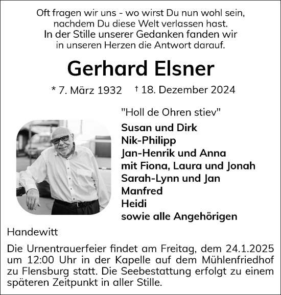 Traueranzeige von Gerhard Elsner von Flensburger Tageblatt