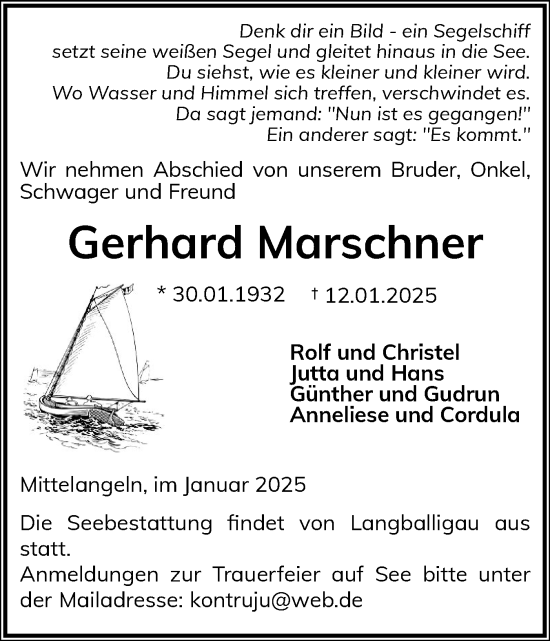 Traueranzeige von Gerhard Marschner von Flensburger Tageblatt