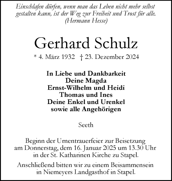 Traueranzeige von Gerhard Schulz von Husumer Nachrichten, Nordfriesland Tageblatt