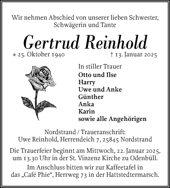 Traueranzeige von Gertrud Reinhold von Husumer Nachrichten, Nordfriesland Tageblatt