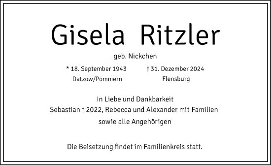 Traueranzeige von Gisela Ritzler von Flensburger Tageblatt, Schleswiger Nachrichten, Schlei-Bote