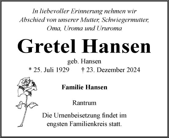 Traueranzeige von Gretel Hansen von Husumer Nachrichten, Nordfriesland Tageblatt