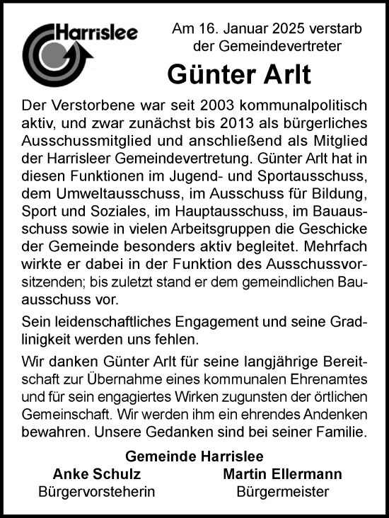 Traueranzeige von Günter Arlt von Flensburger Tageblatt