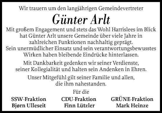 Traueranzeige von Günter Arlt von Flensburger Tageblatt