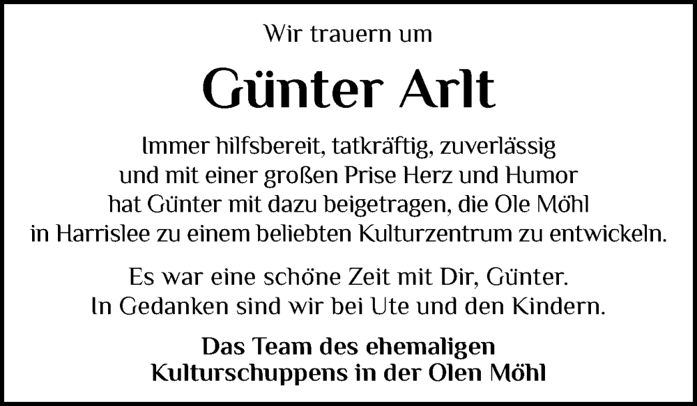  Traueranzeige für Günter Arlt vom 25.01.2025 aus Flensburger Tageblatt