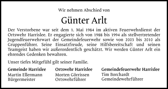 Traueranzeige von Günter Arlt von Flensburger Tageblatt