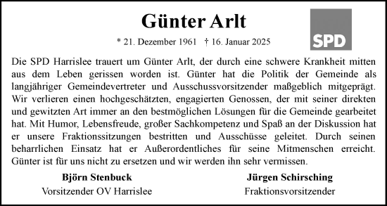 Traueranzeige von Günter Arlt von Flensburger Tageblatt