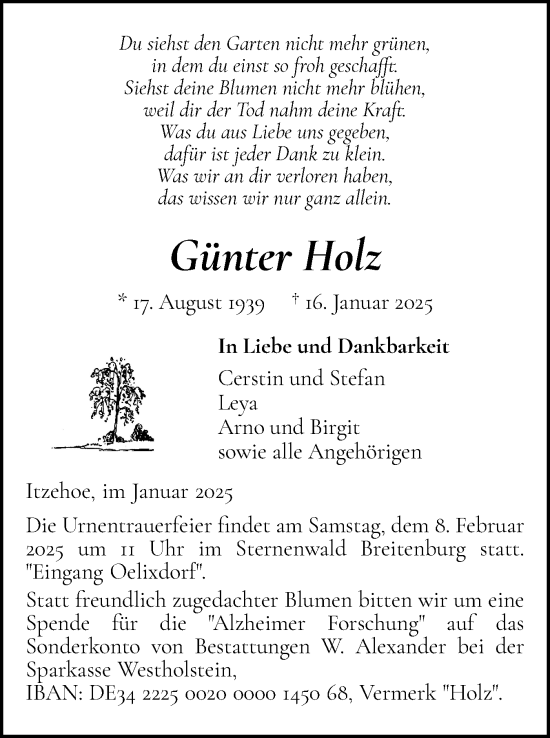 Traueranzeige von Günter Holz von Norddeutsche Rundschau, Wilstersche Zeitung, Glückstädter Fortuna