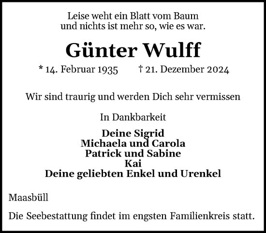 Traueranzeige von Günter Wulff von Husumer Nachrichten, Nordfriesland Tageblatt