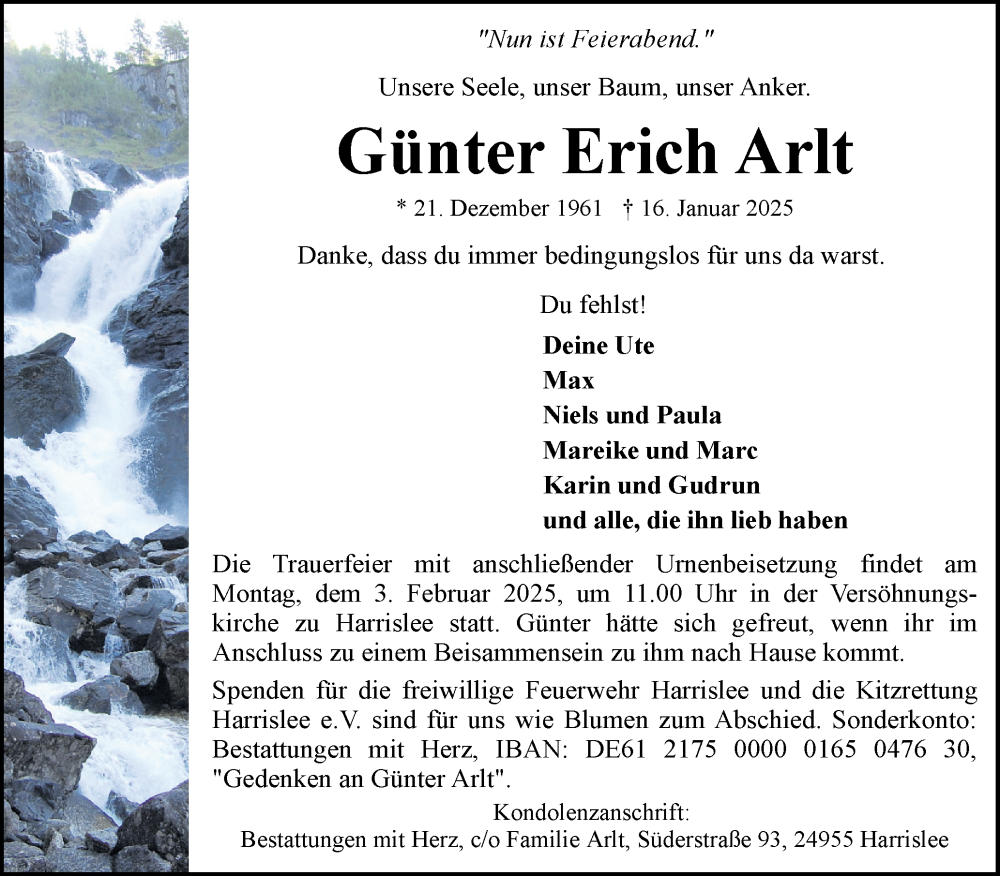  Traueranzeige für Günter Erich Arlt vom 25.01.2025 aus Flensburger Tageblatt