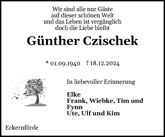 Traueranzeige von Günther Czischek von Eckernförder Zeitung, Hallo Eckernförde