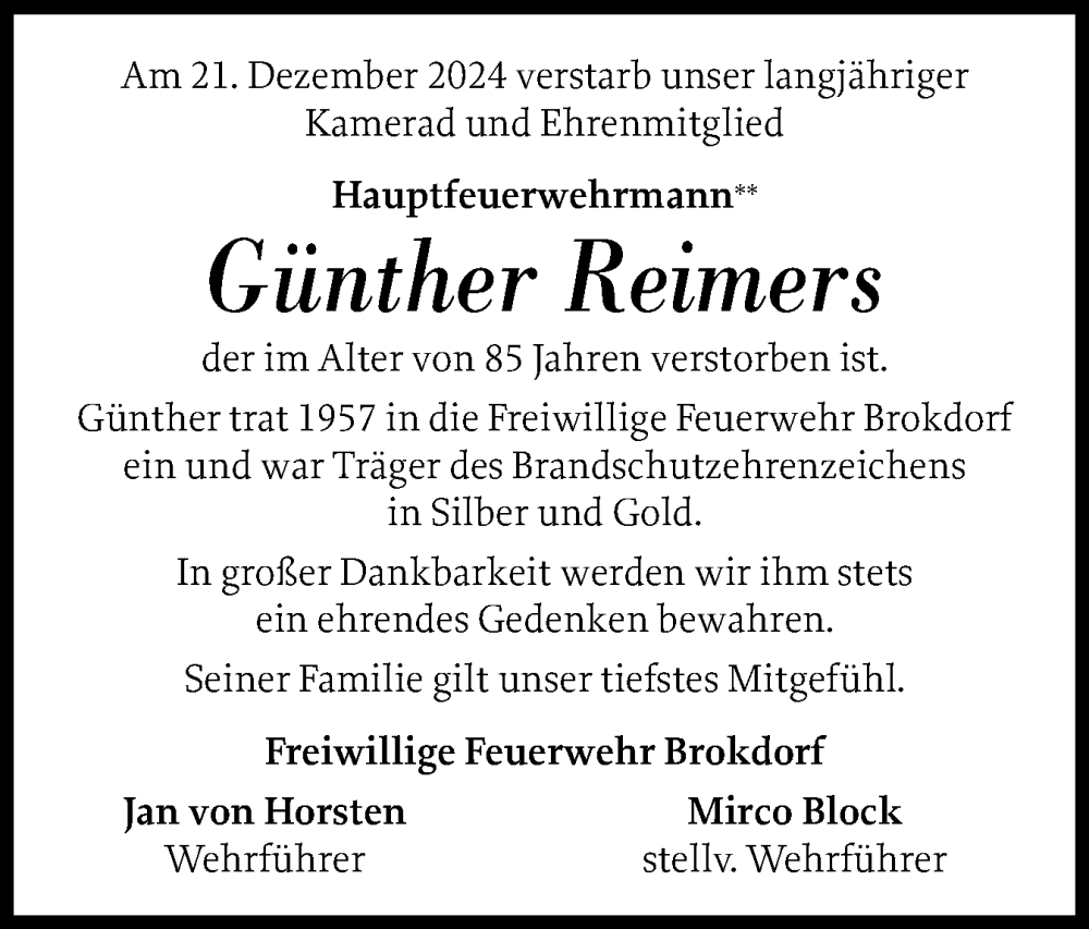  Traueranzeige für Günther Reimers vom 04.01.2025 aus Norddeutsche Rundschau, Wilstersche Zeitung, Glückstädter Fortuna