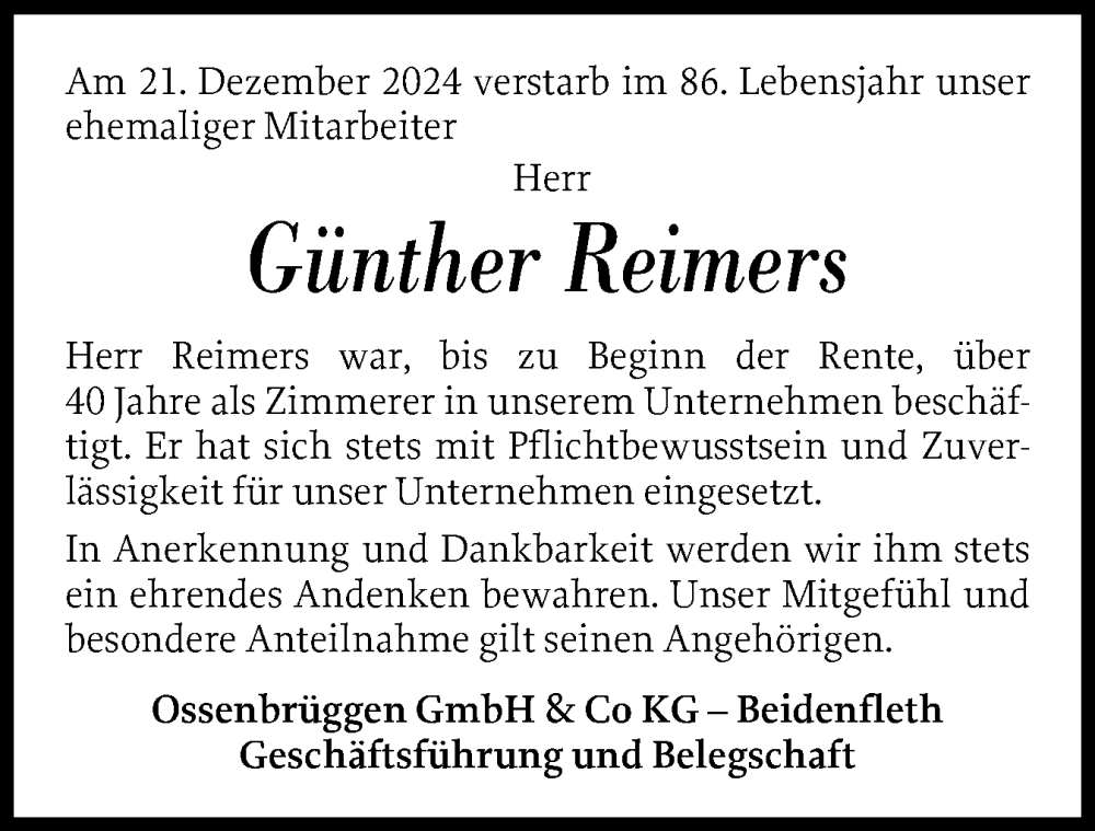  Traueranzeige für Günther Reimers vom 04.01.2025 aus Norddeutsche Rundschau, Wilstersche Zeitung, Glückstädter Fortuna