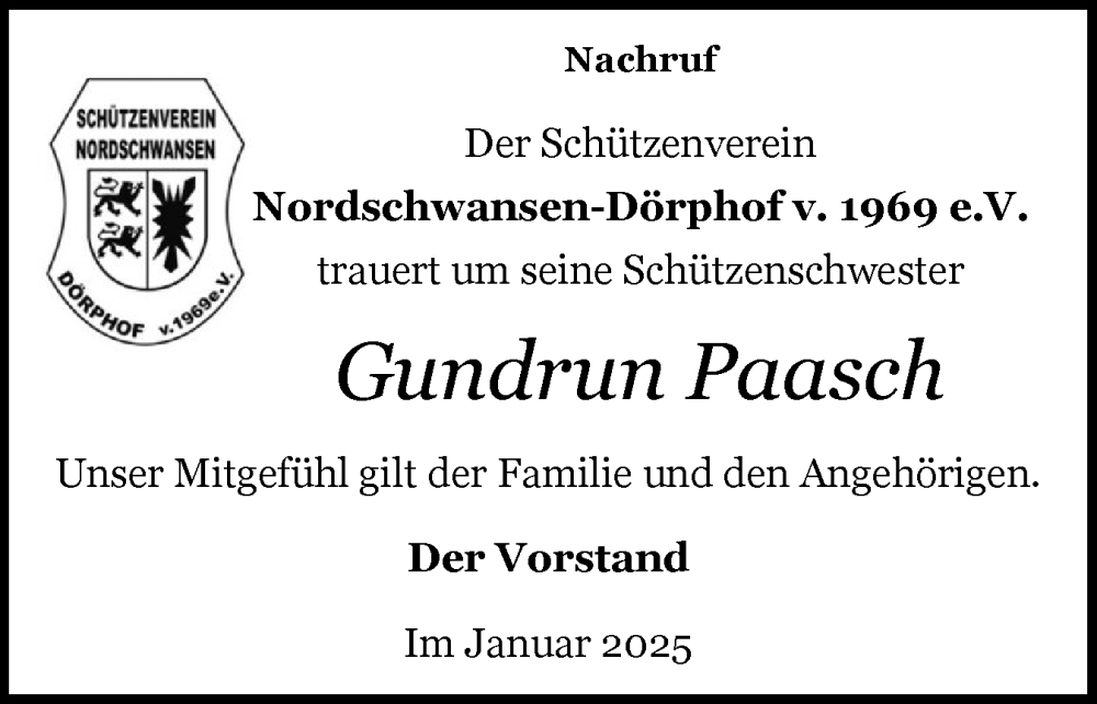  Traueranzeige für Gundrun Paasch vom 31.01.2025 aus Schleswiger Nachrichten, Schlei-Bote, Eckernförder Zeitung
