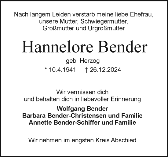 Traueranzeige von Hannelore Bender von Holsteinischer Courier