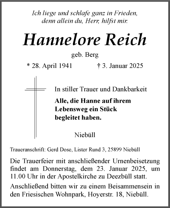 Traueranzeige von Hannelore Reich von Husumer Nachrichten, Nordfriesland Tageblatt