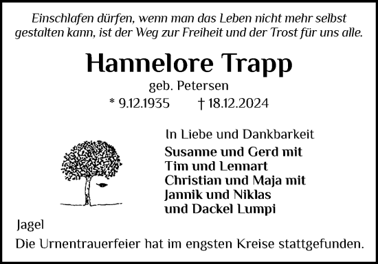 Traueranzeige von Hannelore Trapp von Schleswiger Nachrichten, Schlei-Bote