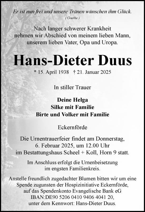 Traueranzeige von Hans-Dieter Duus von Eckernförder Zeitung, Hallo Eckernförde