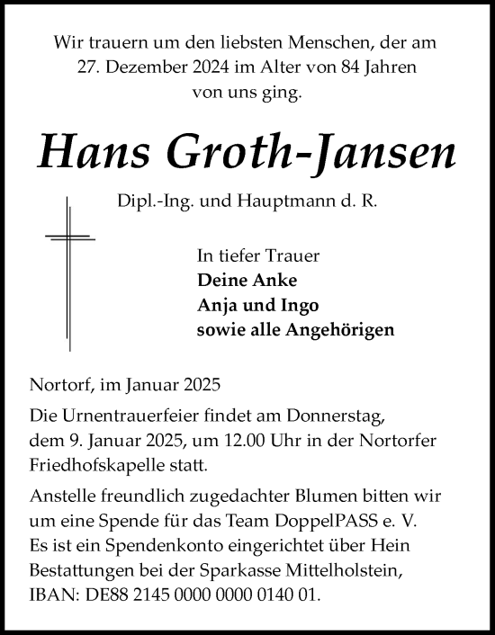 Traueranzeige von Hans Groth-Jansen von Schleswig-Holsteinische Landeszeitung