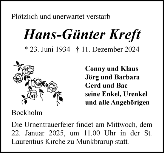 Traueranzeige von Hans-Günter Kreft von Flensburger Tageblatt