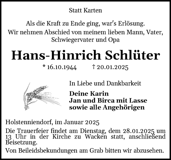 Traueranzeige von Hans-Hinrich Schlüter von Norddeutsche Rundschau, Wilstersche Zeitung, Glückstädter Fortuna