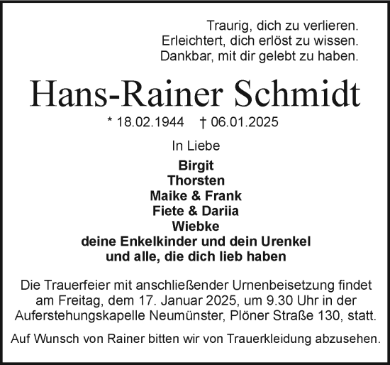 Traueranzeige von Hans-Rainer Schmidt von Holsteinischer Courier