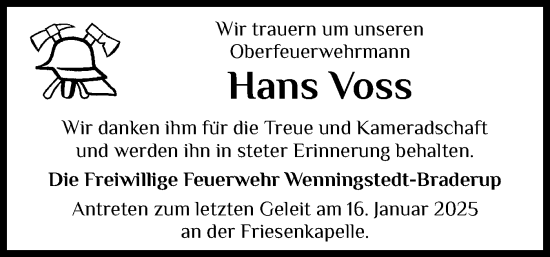 Traueranzeige von Hans Voss von Sylter Rundschau