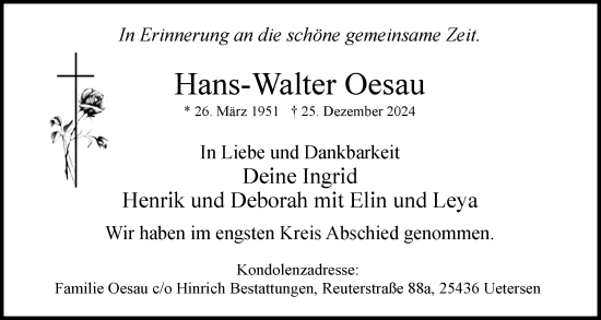 Traueranzeige von Hans-Walter Oesau von Uetersener Nachrichten, Der tip am Wochenende