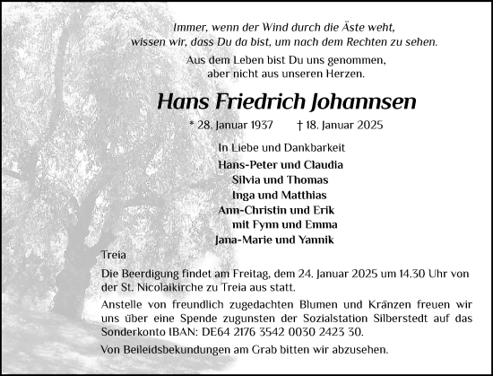 Traueranzeige von Hans Friedrich Johannsen von Region Flensburg