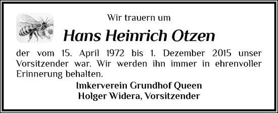Traueranzeige von Hans Heinrich Otzen von Flensburger Tageblatt