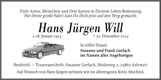 Traueranzeige von Hans Jürgen Will von Husumer Nachrichten, Nordfriesland Tageblatt