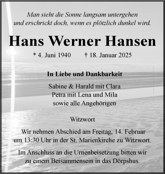 Traueranzeige von Hans Werner Hansen von Husumer Nachrichten, Nordfriesland Tageblatt
