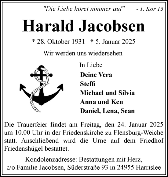 Traueranzeige von Harald Jacobsen von Flensburger Tageblatt