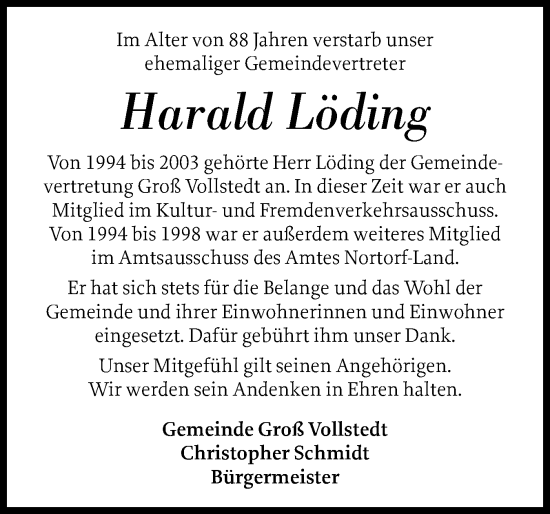 Traueranzeige von Harald Löding von Schleswig-Holsteinische Landeszeitung