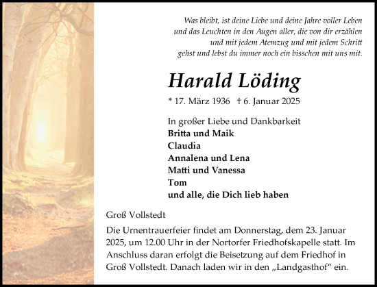 Traueranzeige von Harald Löding von Schleswig-Holsteinische Landeszeitung