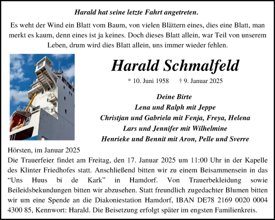 Traueranzeige von Harald Schmalfeld von Schleswig-Holsteinische Landeszeitung