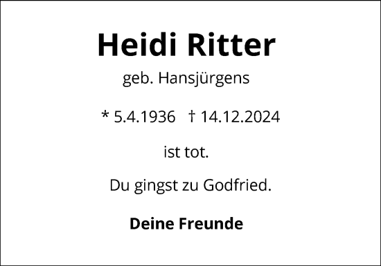 Traueranzeige von Heidi Ritter von Schleswiger Nachrichten, Schlei-Bote