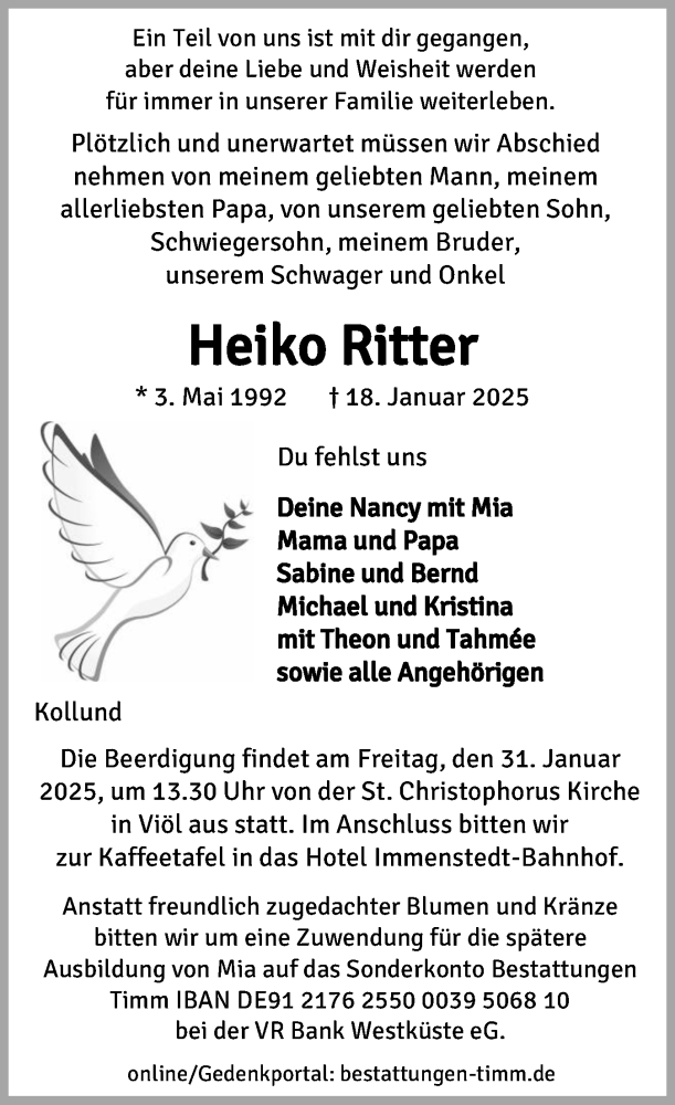  Traueranzeige für Heiko Ritter vom 28.01.2025 aus Husumer Nachrichten, Nordfriesland Tageblatt